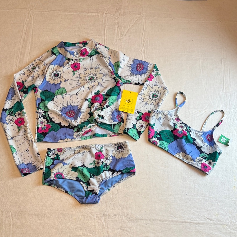 GAP Kids Blue Green Pink Floral Rashguard Three Piece Set UPF 50 Size 10 NWT